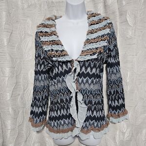 Navy Blue and Tan Ruffle Cardigan With Sequins Flared Arm Sleeves 90s Vintage